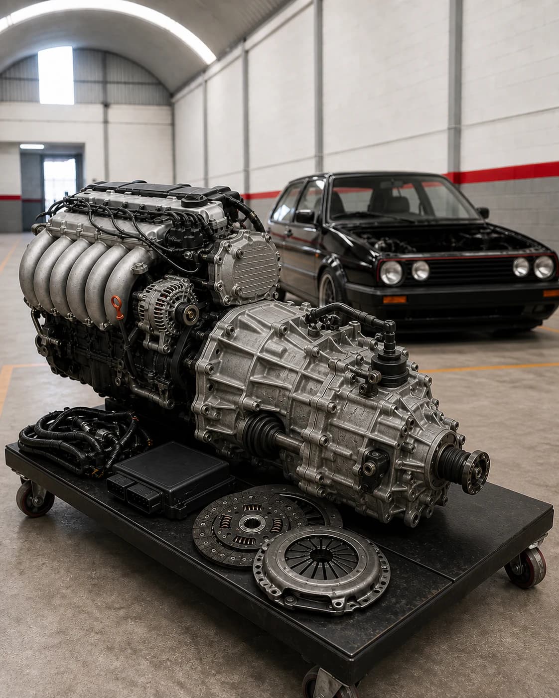 Conjunto VAG de motor y caja de cambios manual preparado para un swap en el taller