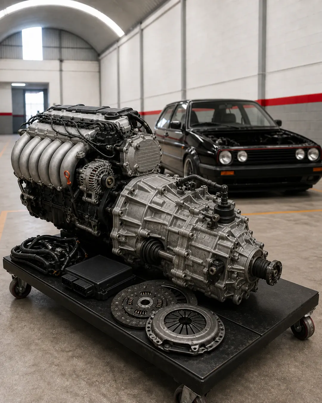 Conjunto VAG de motor y caja de cambios manual preparado para un swap en el taller