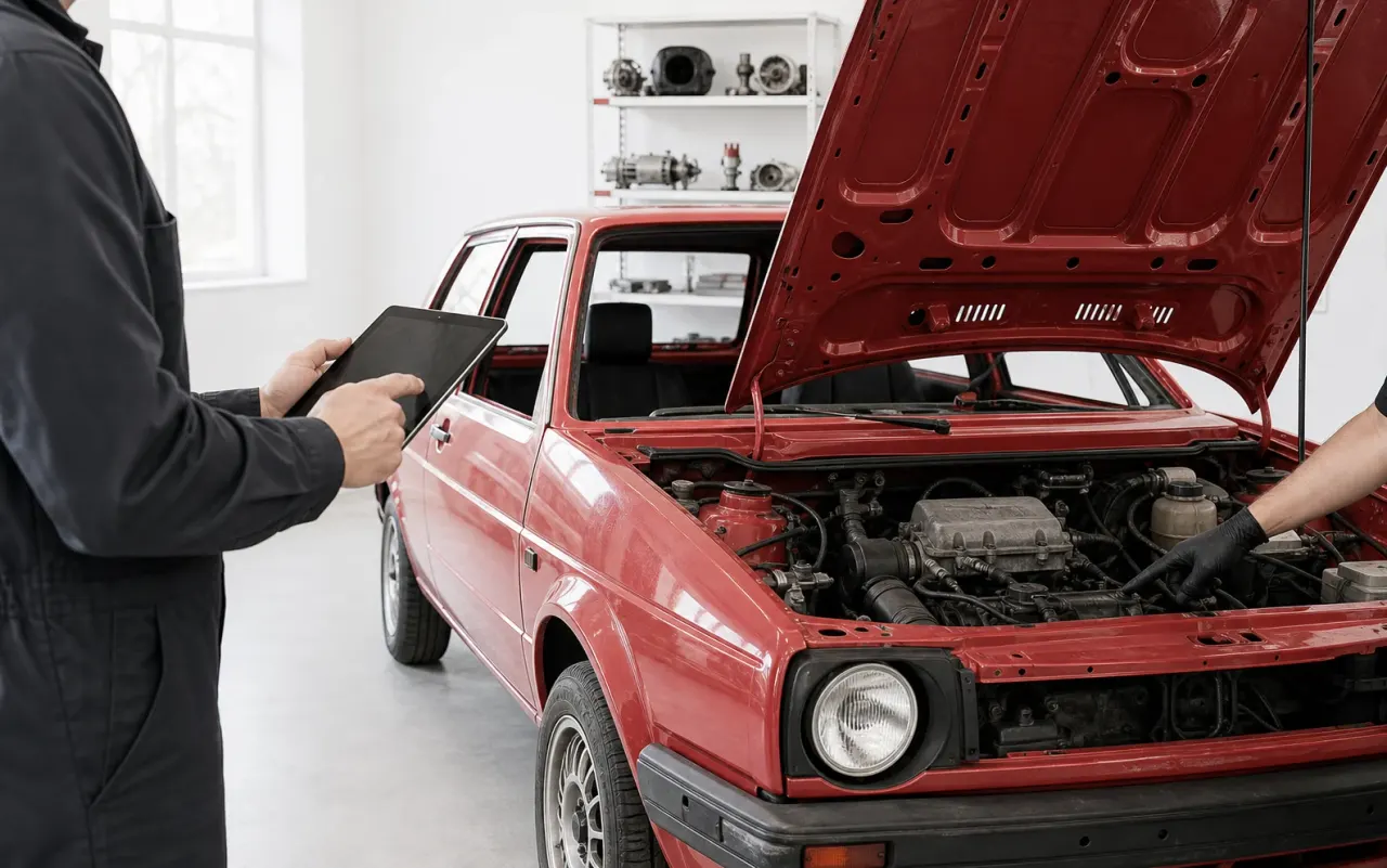 Imagen ilustrativa: técnico documentando con una tableta el avance de un Golf rojo