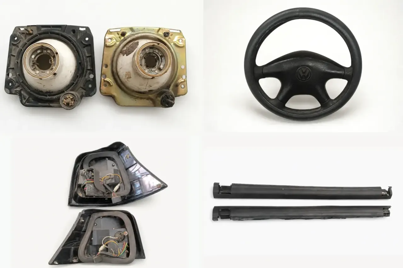 Cuatro refacciones del catálogo: faros de Golf MK2, volante de MK3, calavera de MK4 y estribos de MK2