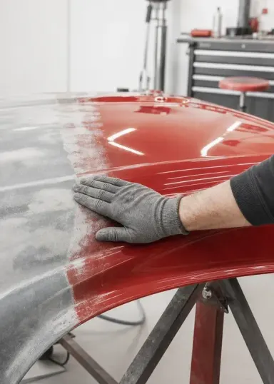 Mano enguantada sobre un cofre a medio lijar, del gris de la preparación al rojo de la pintura